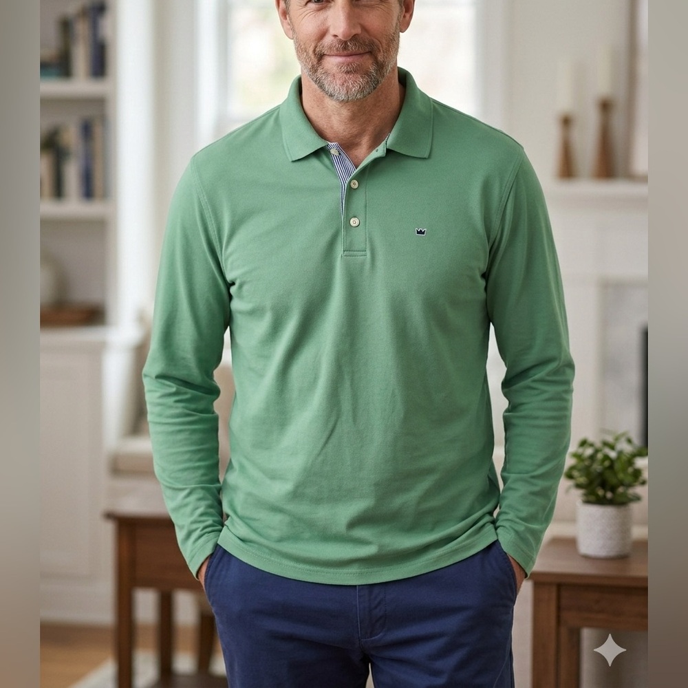 Crown & Ivy Men’s Long Sleeve Polo Shirt Green Size Large Performance Pique
